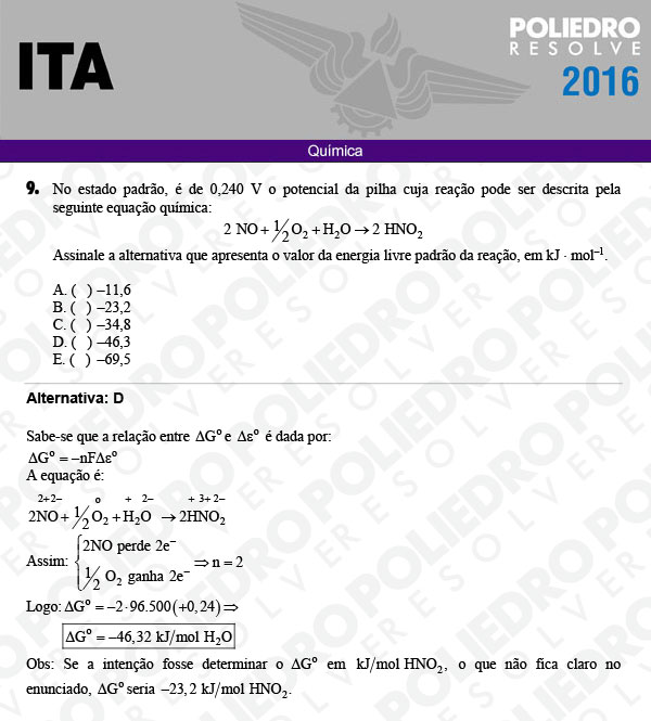 Questão 9 - Química - ITA 2016