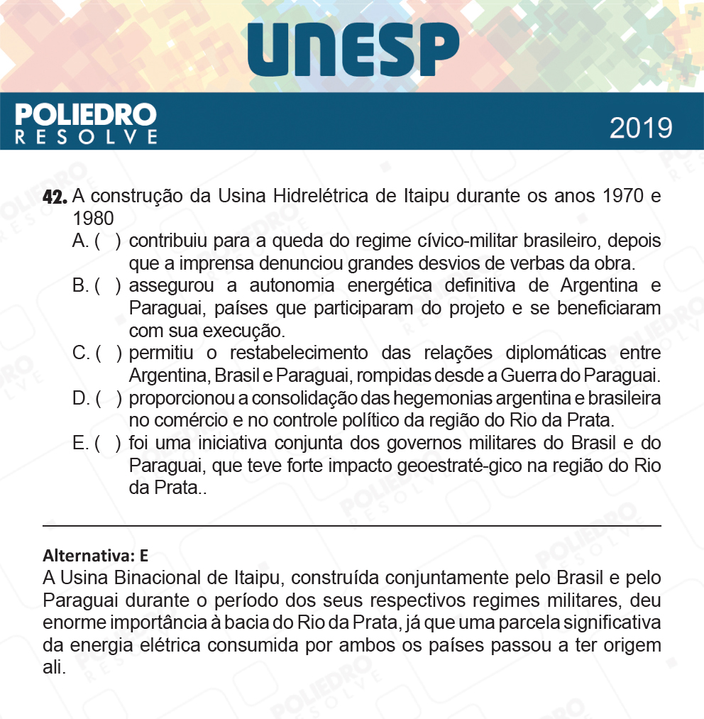 Questão 42 - 1ª Fase - UNESP 2019