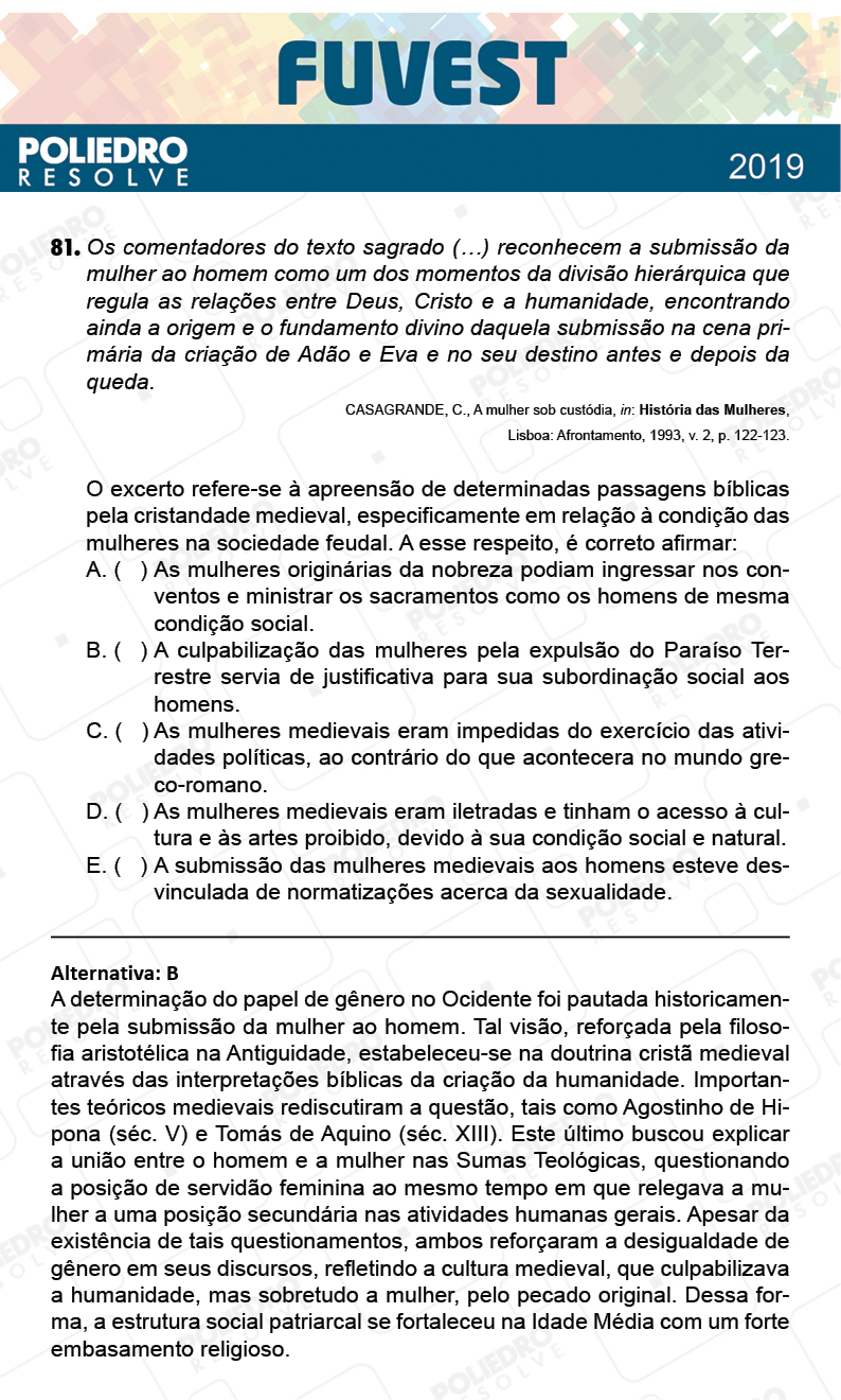 Questão 81 - 1ª Fase - Prova V - FUVEST 2019