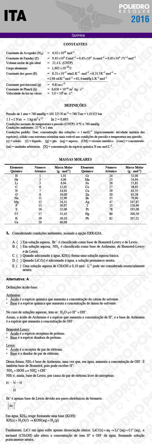 Questão 1 - Química - ITA 2016