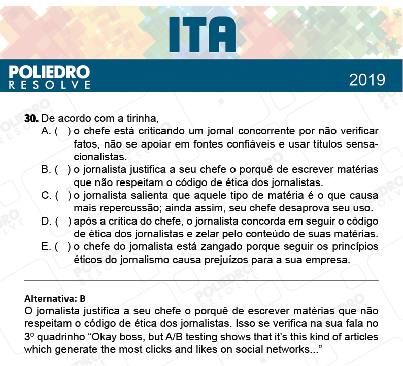 Questão 30 - 1ª Fase - FIS / POR / ING/ MAT / QUI - ITA 2019