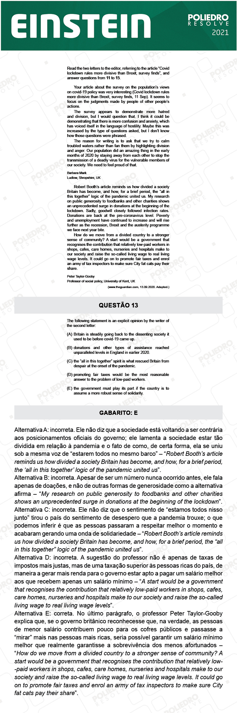 Questão 13 - Fase única - EINSTEIN 2021