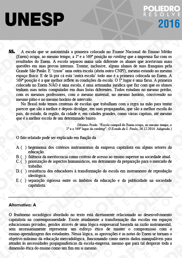 Questão 55 - 1ª Fase - UNESP 2016