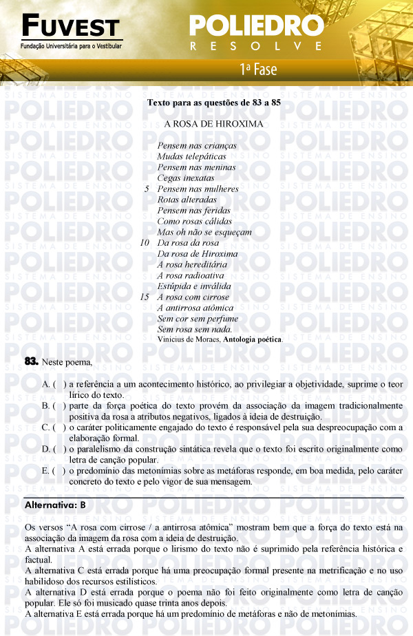 Questão 83 - 1ª Fase - FUVEST 2011