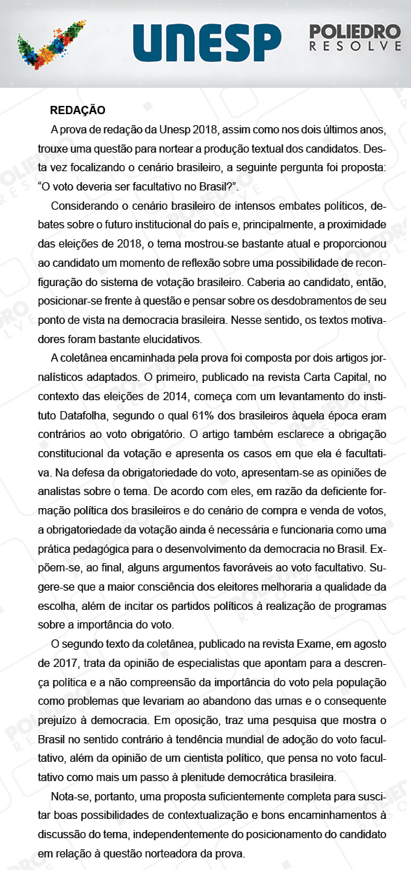 Redação - 2ª Fase - UNESP 2018