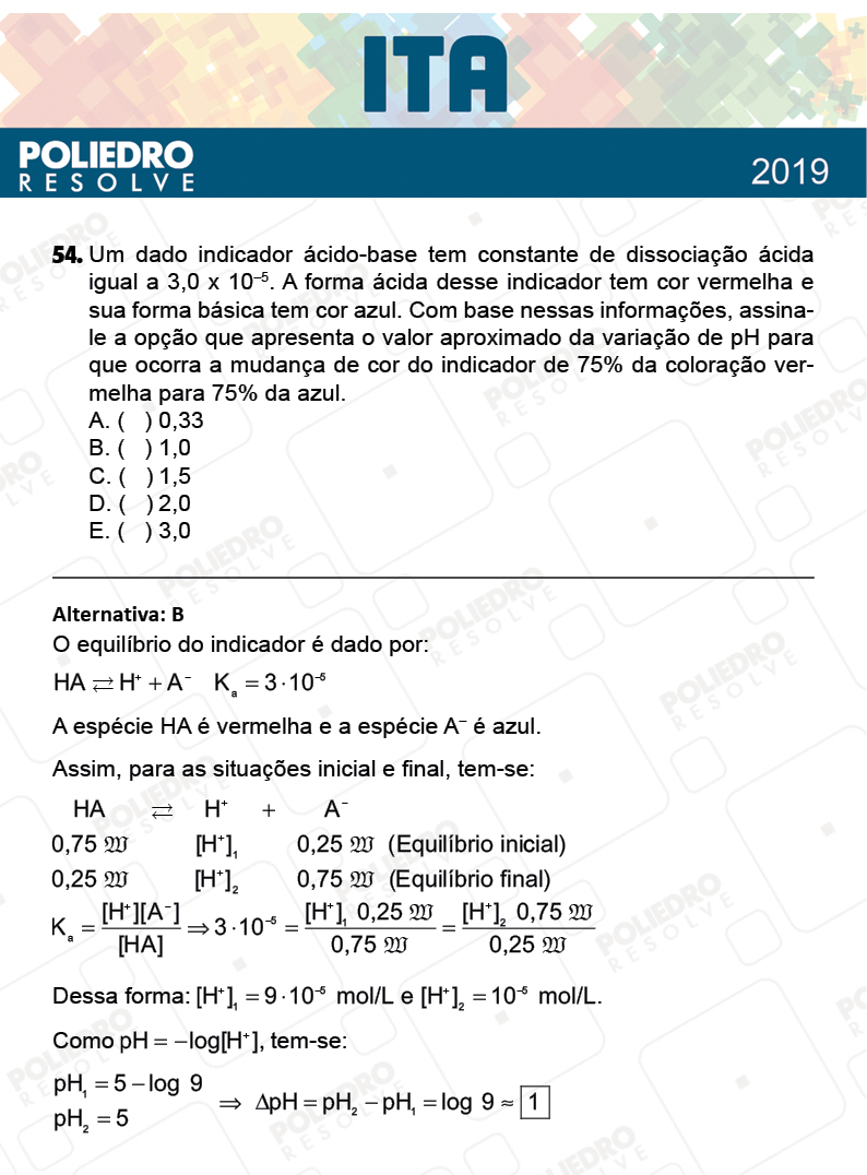 Questão 54 - 1ª Fase - FIS / POR / ING/ MAT / QUI - ITA 2019