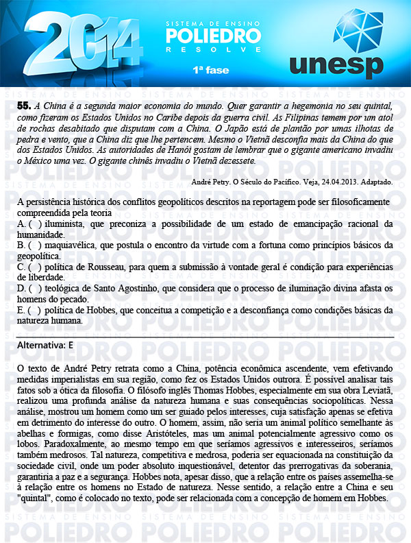 Questão 55 - 1ª Fase - UNESP 2014