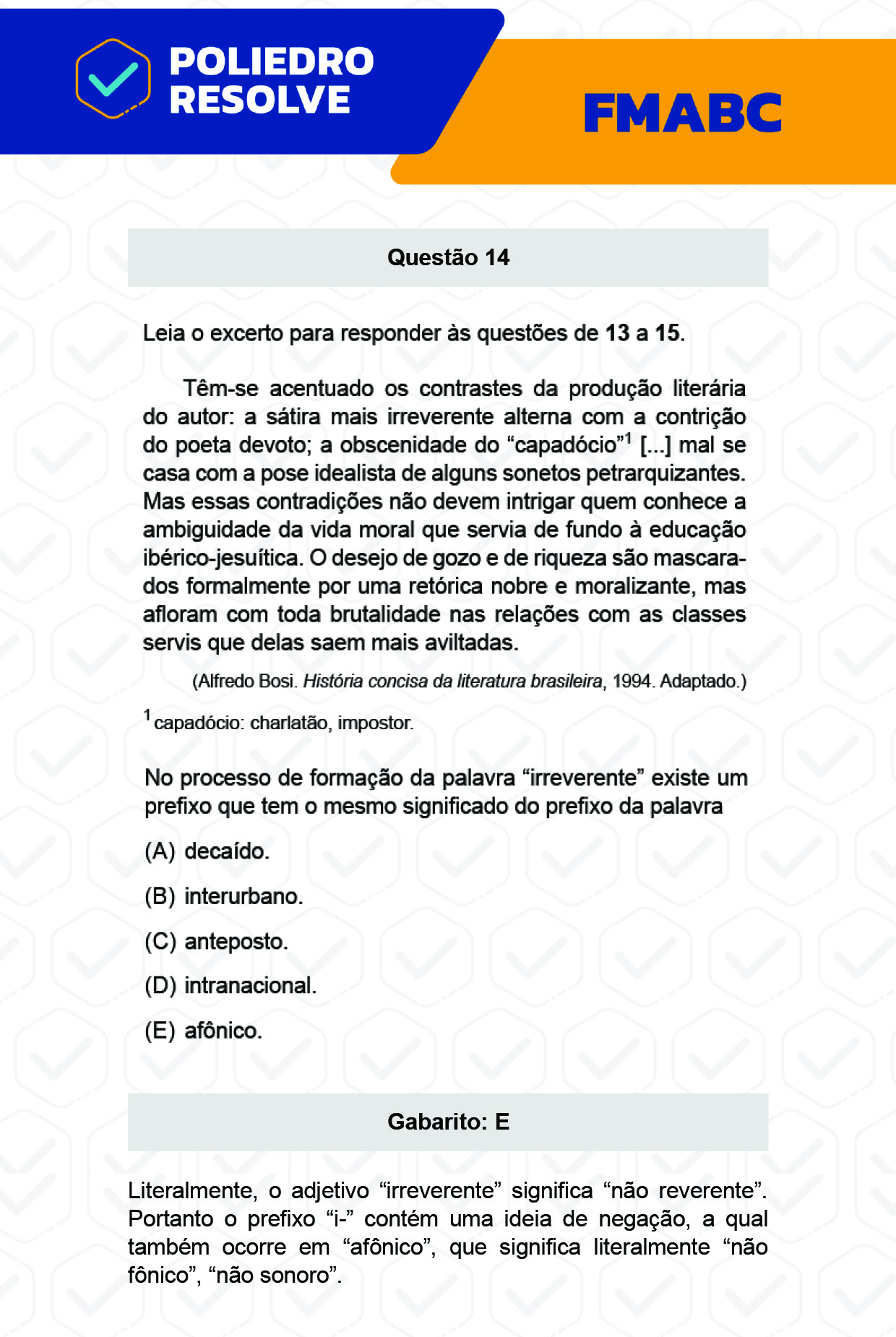 Questão 14 - Fase única - FMABC 2023