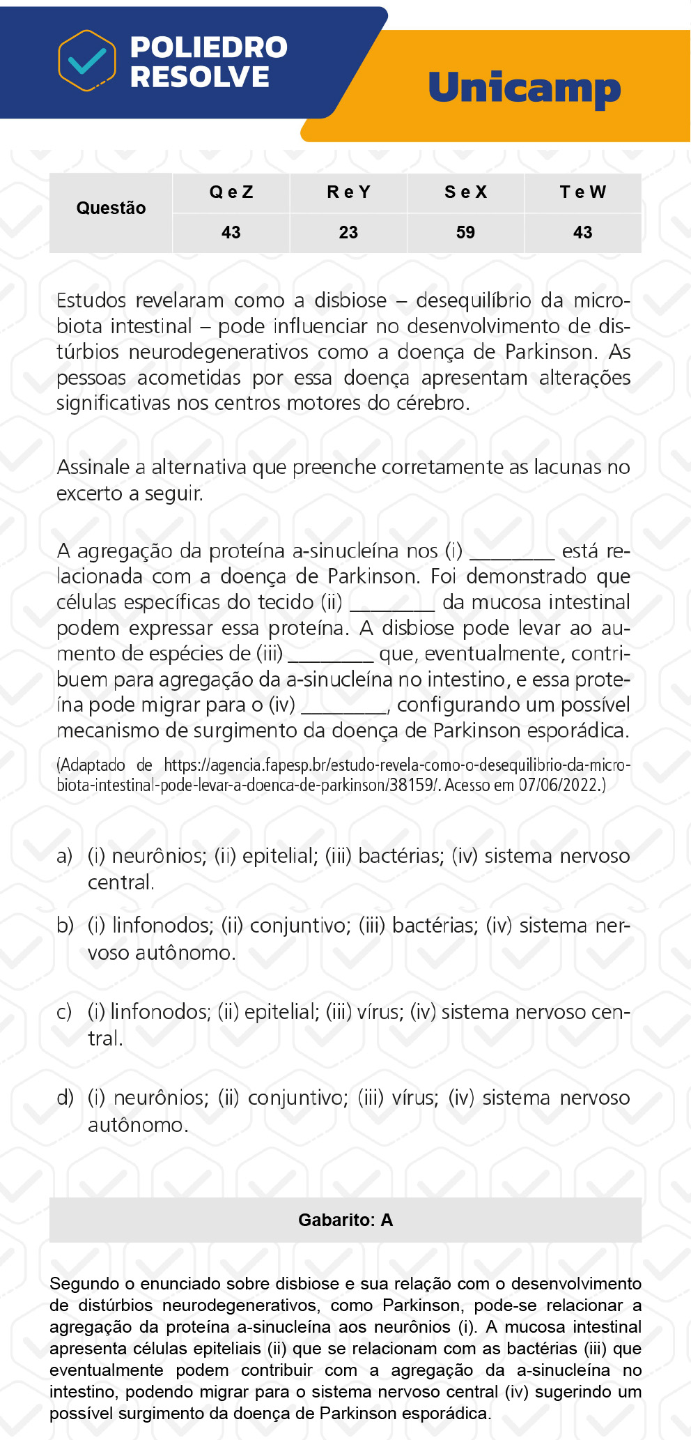 Questão 43 - 1ª Fase - 1º Dia - T e W - UNICAMP 2023