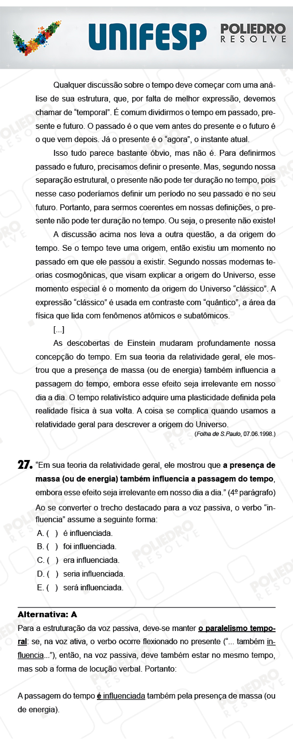 Questão 27 - 1º Dia - UNIFESP 2018