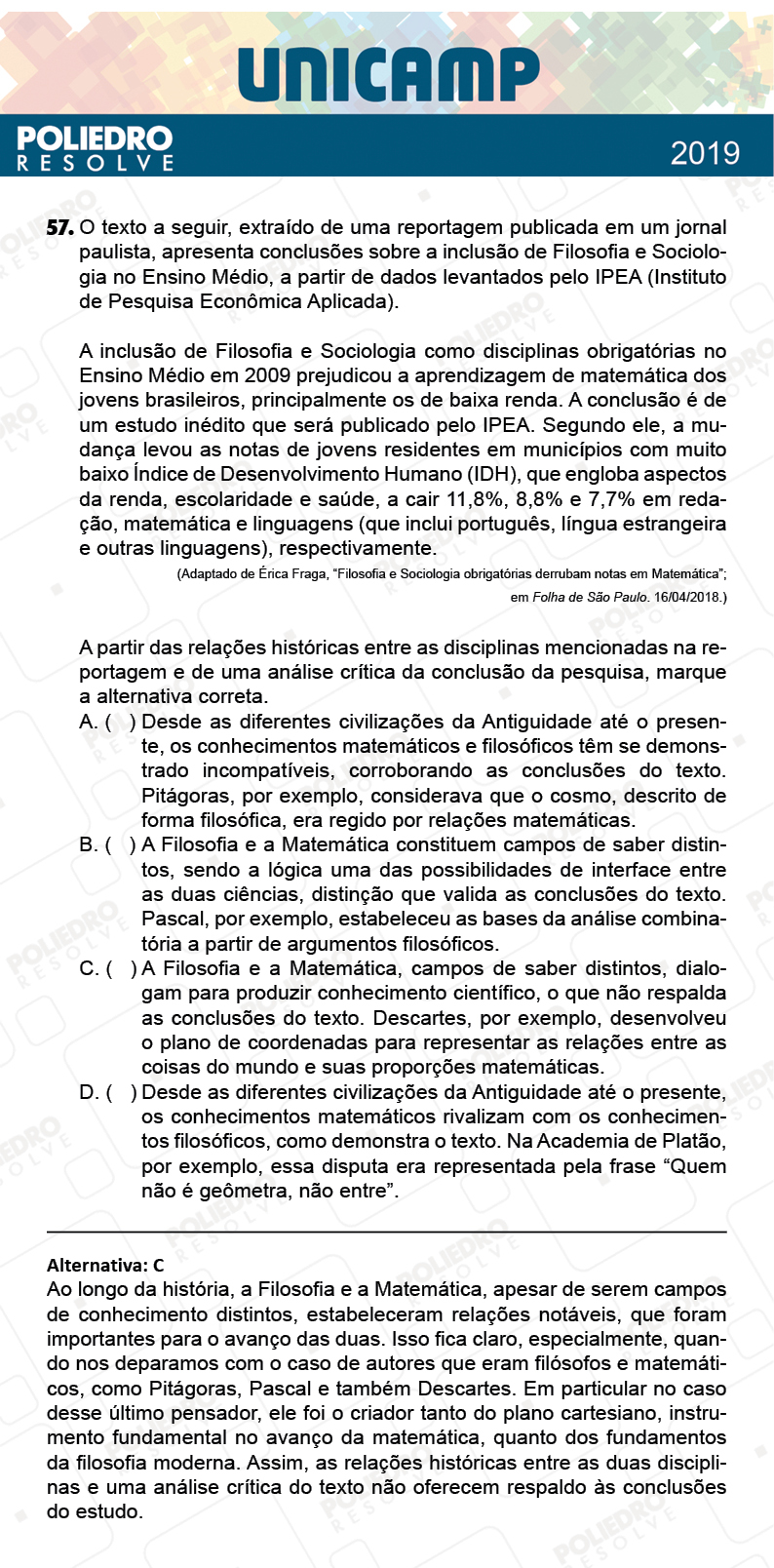 Questão 57 - 1ª Fase - PROVA Q e X - UNICAMP 2019