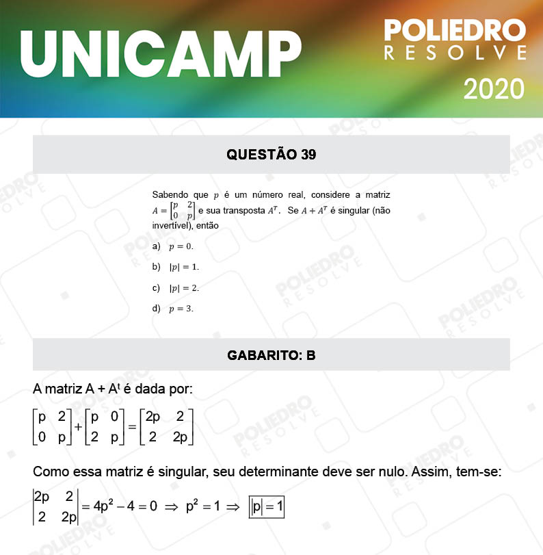 Questão 39 - 1ª Fase - Prova Q e X - UNICAMP 2020