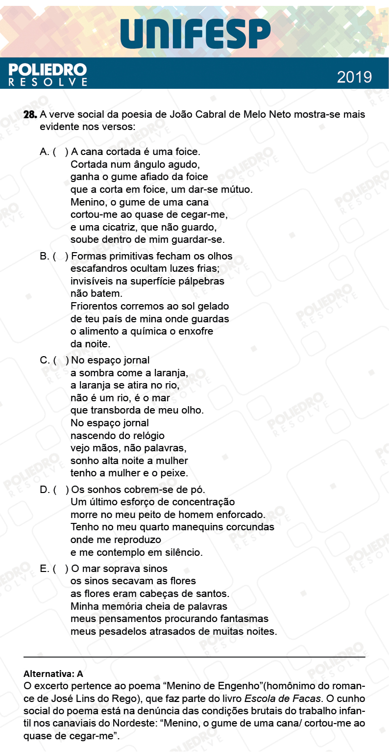 Questão 28 - Fase única - 1º Dia - UNIFESP 2019