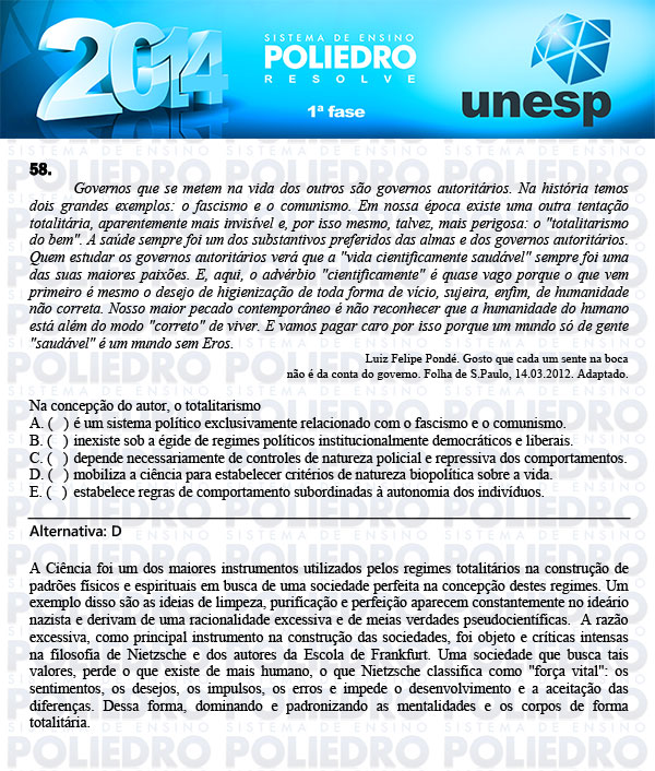 Questão 58 - 1ª Fase - UNESP 2014