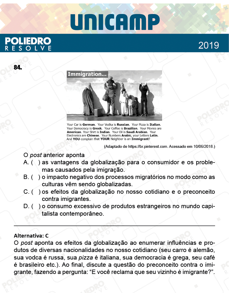 Questão 84 - 1ª Fase - PROVA Q e X - UNICAMP 2019