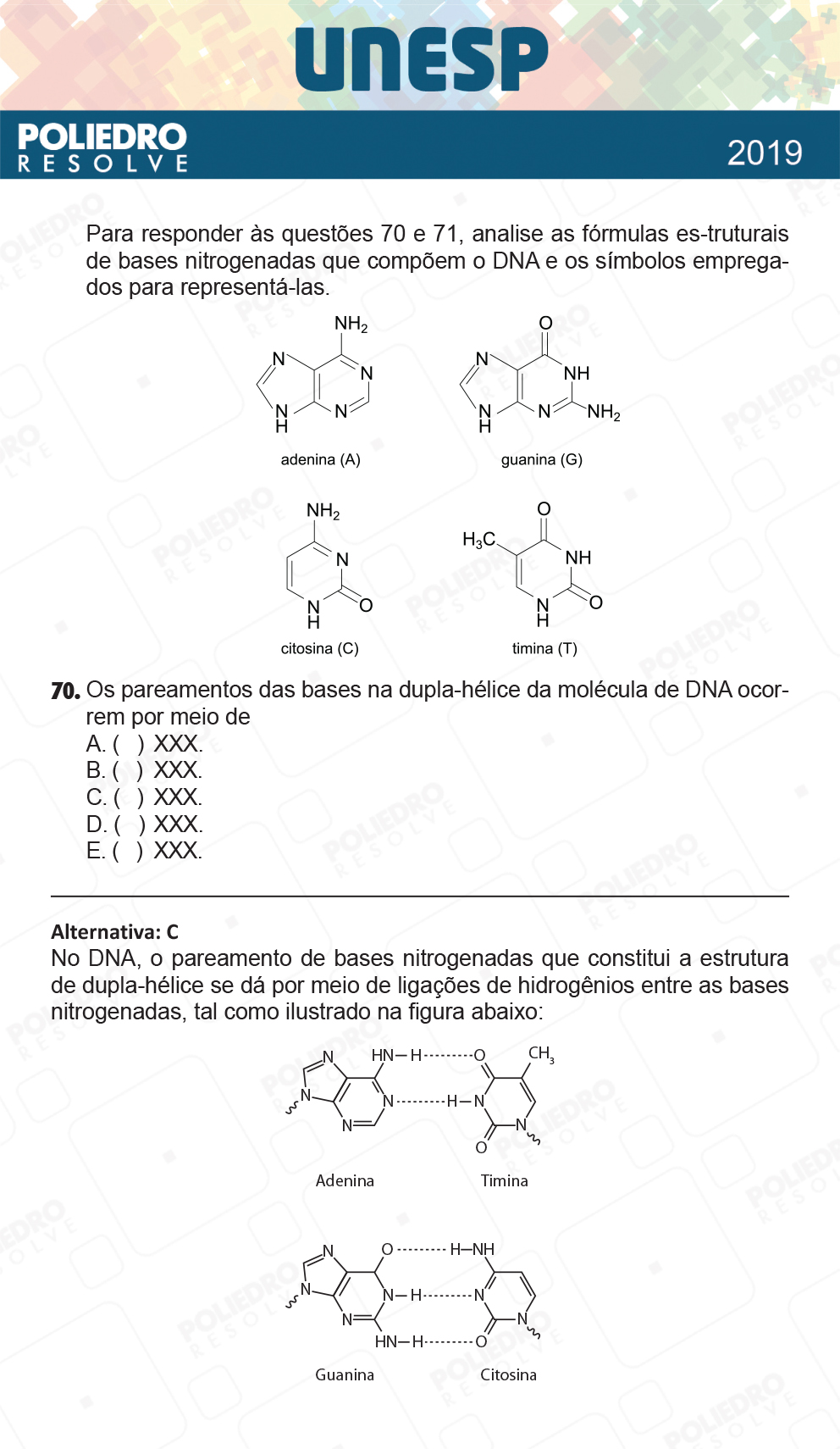 Questão 70 - 1ª Fase - UNESP 2019