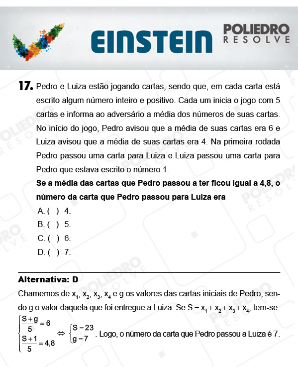 Questão 17 - 1ª FASE - EINSTEIN 2018