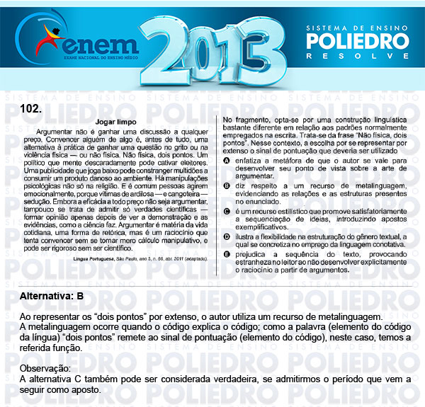 Questão 102 - Domingo (Prova Cinza) - ENEM 2013