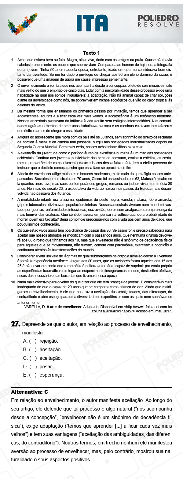 Questão 27 - Português / Inglês - ITA 2018