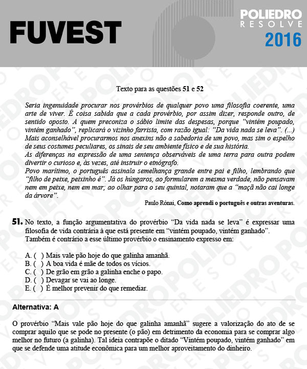 Questão 51 - 1ª Fase - FUVEST 2016