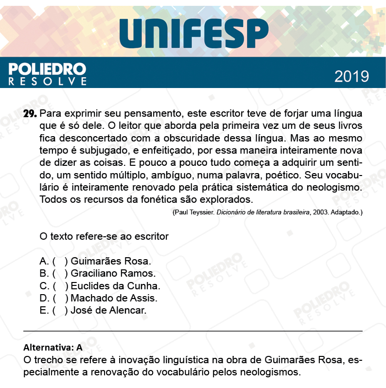 Questão 29 - Fase única - 1º Dia - UNIFESP 2019