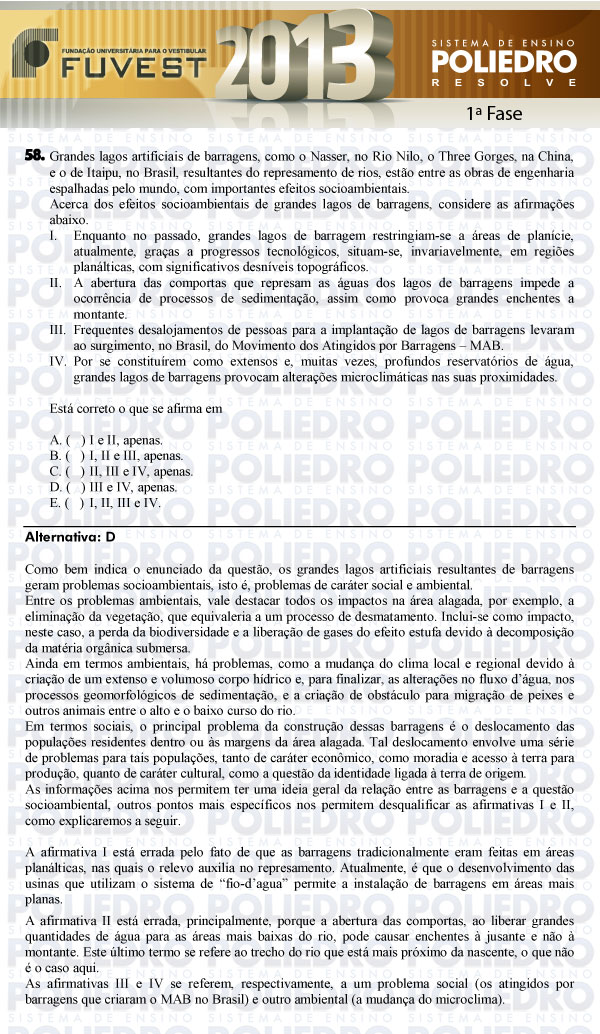 Questão 58 - 1ª Fase - FUVEST 2013