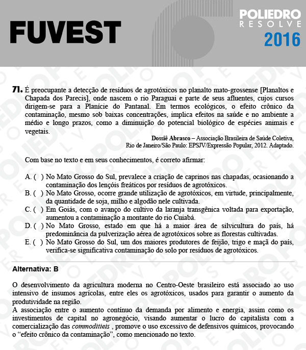 Questão 71 - 1ª Fase - FUVEST 2016