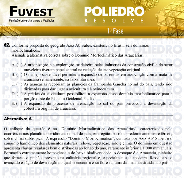 Questão 62 - 1ª Fase - FUVEST 2011