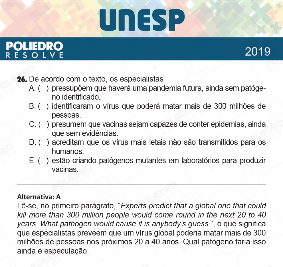 Questão 26 - 1ª Fase - UNESP 2019