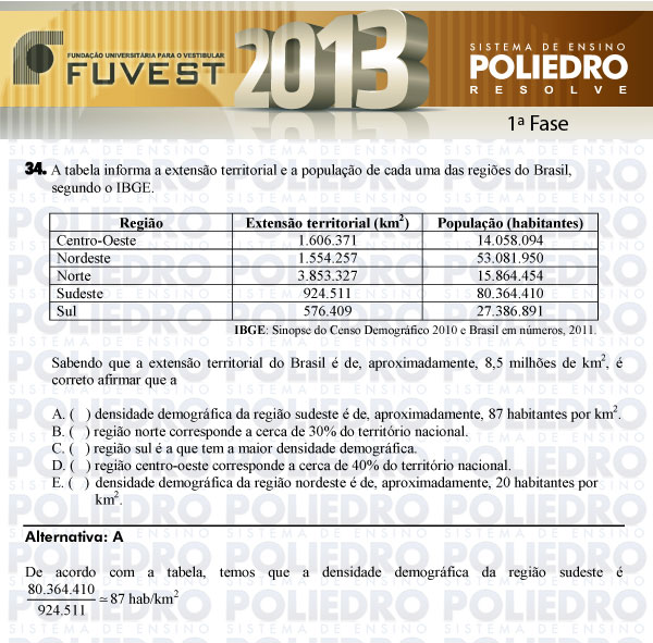 Questão 34 - 1ª Fase - FUVEST 2013