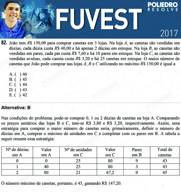 Questão 82 - 1ª Fase - FUVEST 2017