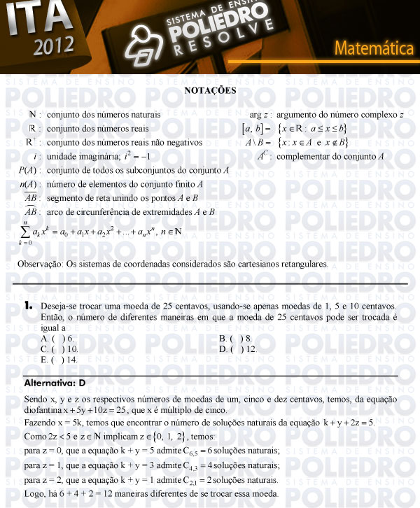 Questão 1 - Matemática - ITA 2012