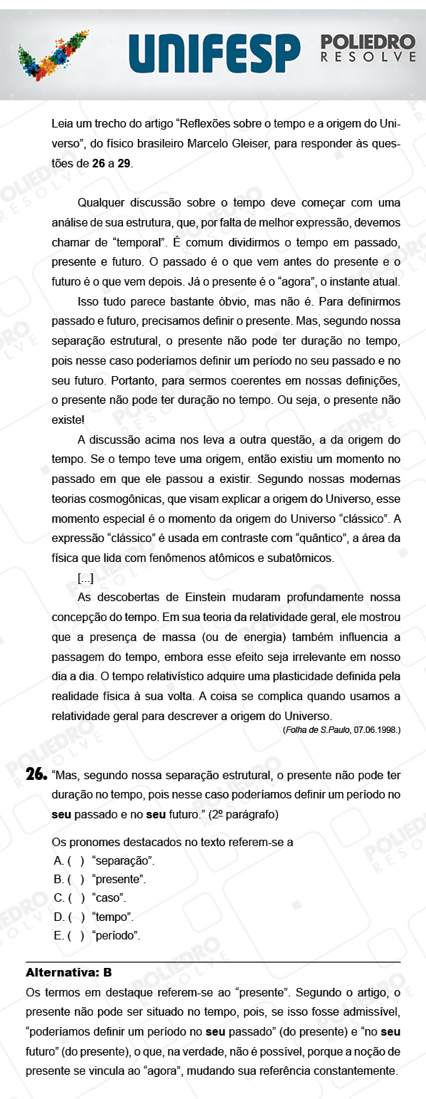 Questão 26 - 1º Dia - UNIFESP 2018