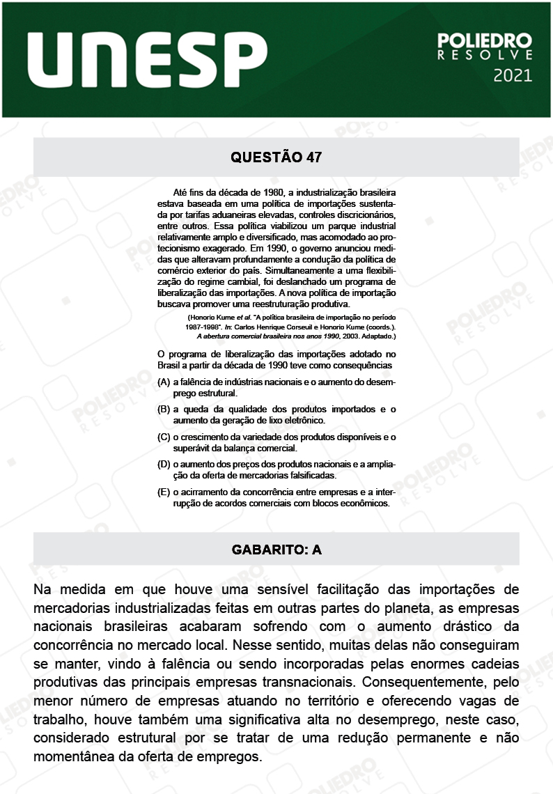 Questão 47 - 1ª Fase - 2º Dia - UNESP 2021