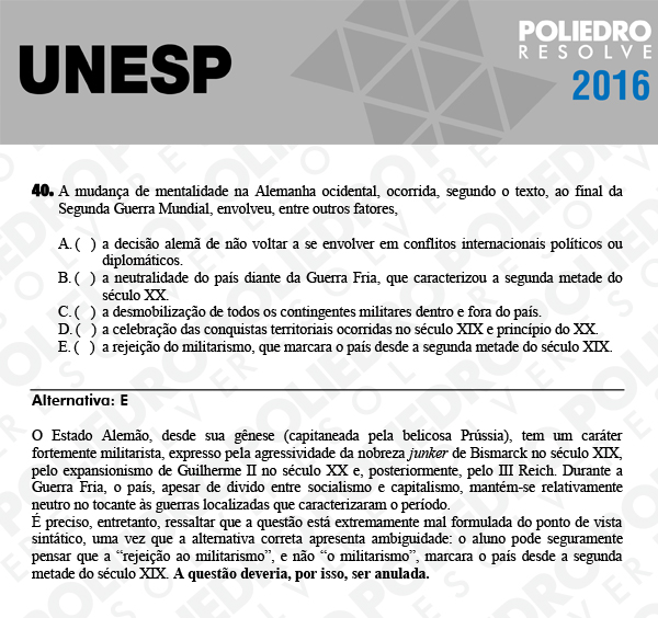 Questão 40 - 1ª Fase - UNESP 2016