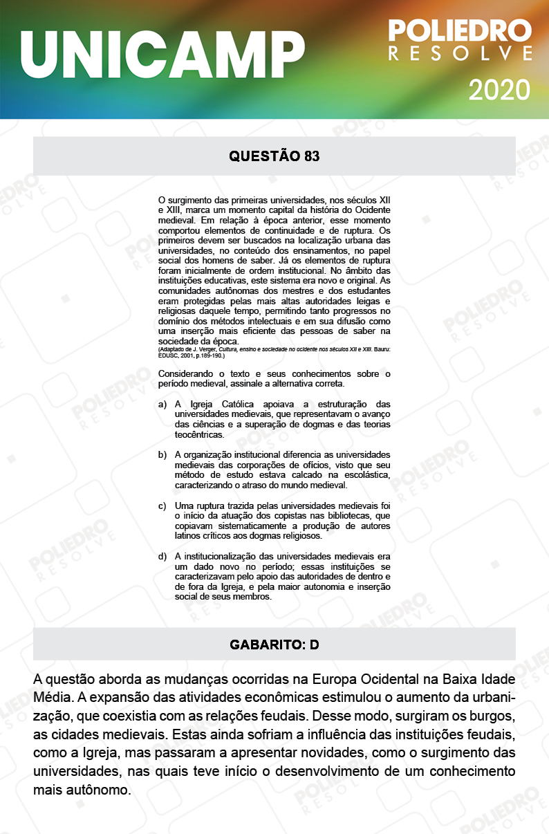 Questão 83 - 1ª Fase - Prova Q e X - UNICAMP 2020