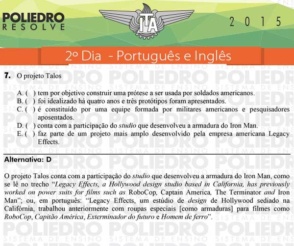 Questão 7 - Português e Inglês - ITA 2015