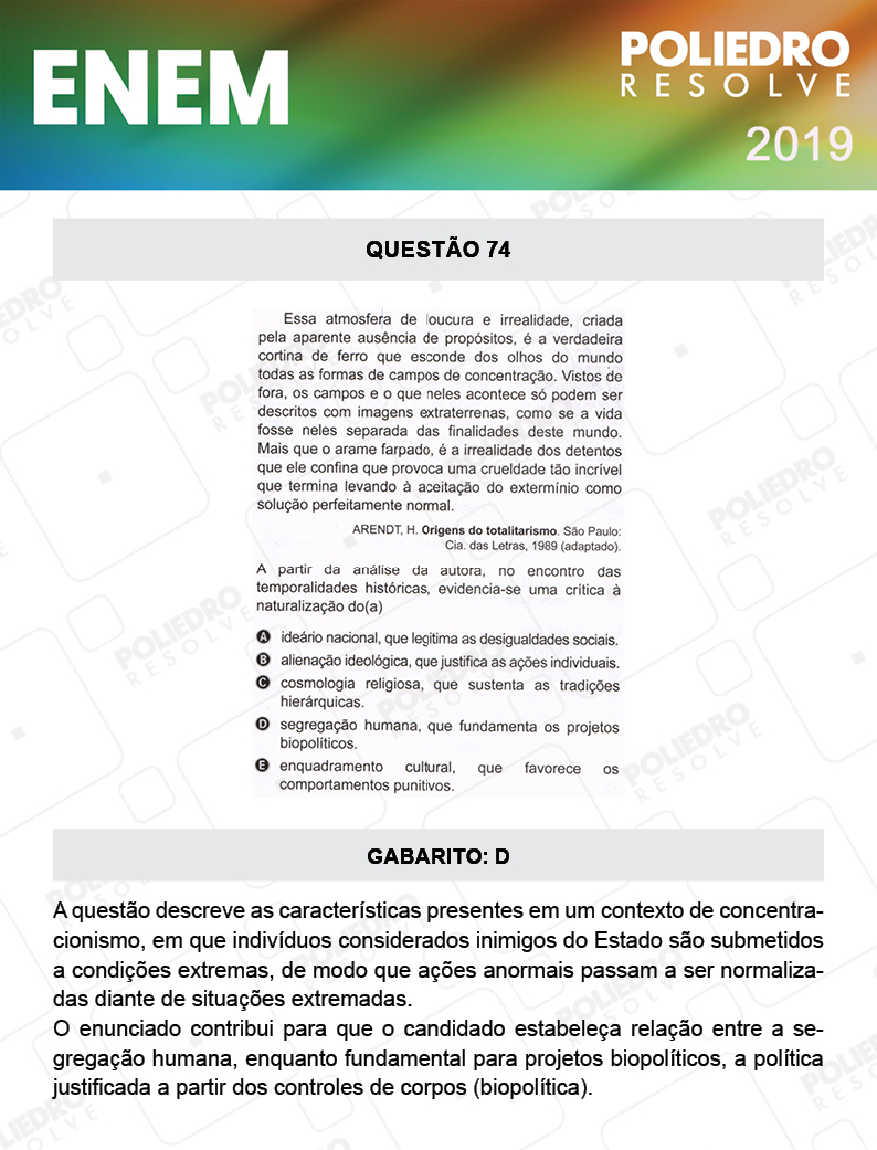 Questão 74 - 1º DIA - PROVA BRANCA - ENEM 2019