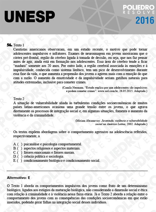 Questão 56 - 1ª Fase - UNESP 2016