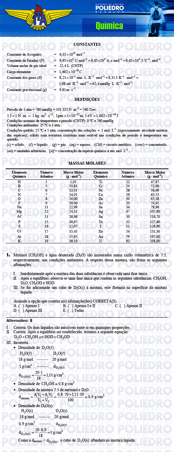 Questão 1 - Química - ITA 2014