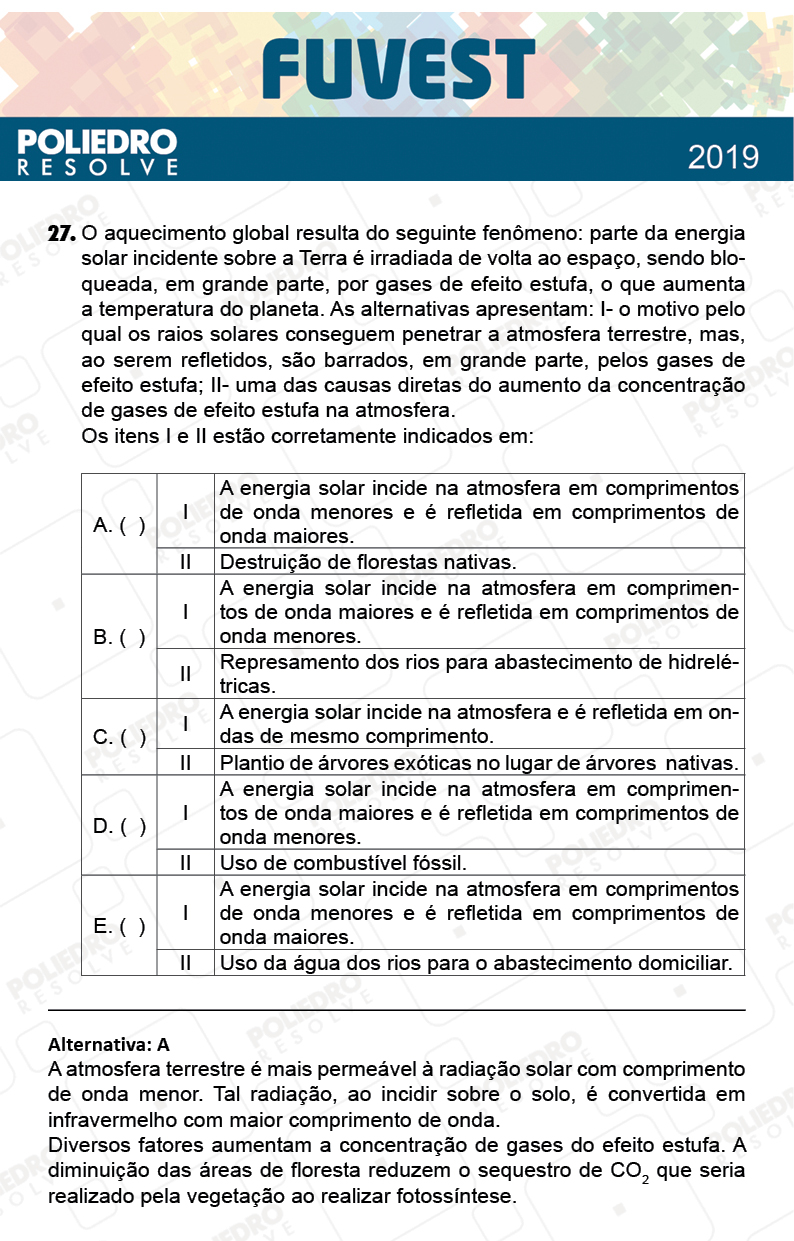 Questão 27 - 1ª Fase - Prova V - FUVEST 2019