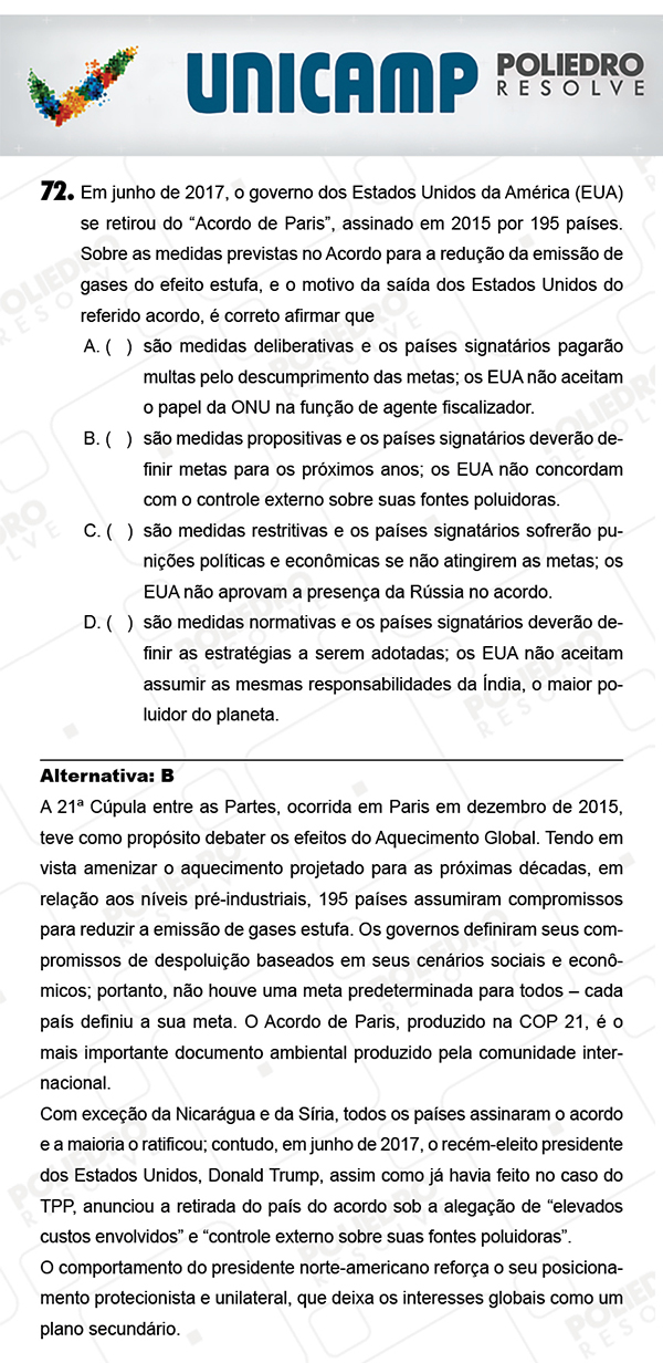 Questão 72 - 1ª Fase - PROVA Q - UNICAMP 2018