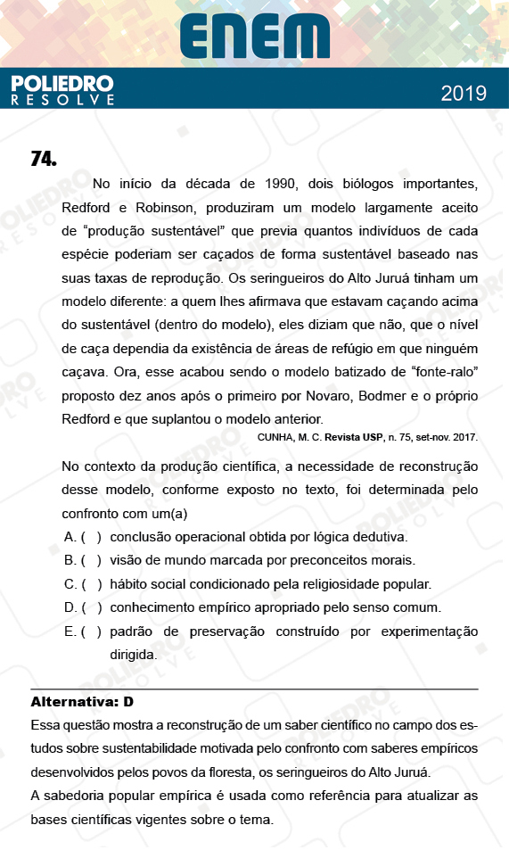 Questão 74 - 1º Dia - Prova AMARELA - ENEM 2018