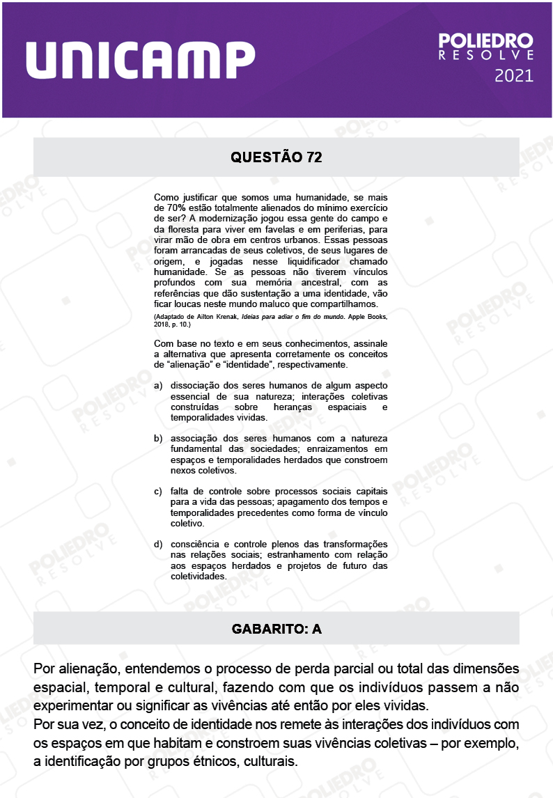 Questão 72 - 1ª Fase - 2º Dia - Q e Z - UNICAMP 2021