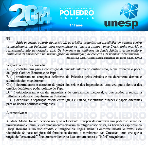 Questão 33 - 1ª Fase - UNESP 2014