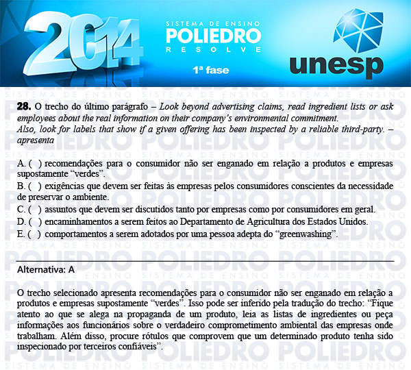 Questão 28 - 1ª Fase - UNESP 2014