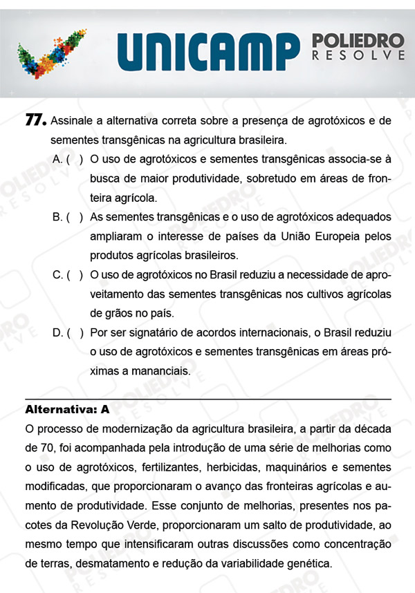 Questão 77 - 1ª Fase - PROVA Q - UNICAMP 2018