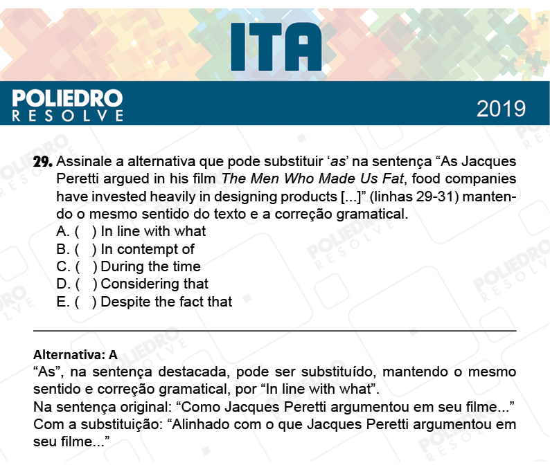 Questão 29 - 1ª Fase - FIS / POR / ING/ MAT / QUI - ITA 2019