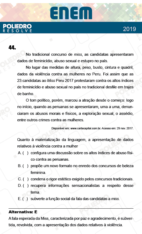 Questão 44 - 1º Dia - Prova BRANCA - ENEM 2018