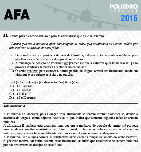 Questão 41 - Prova Modelo C - AFA 2016